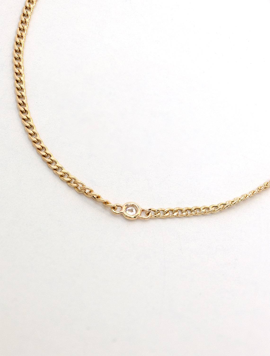 14k extra small curb chain with floating diamond bracelet | 6-7" - Image 3