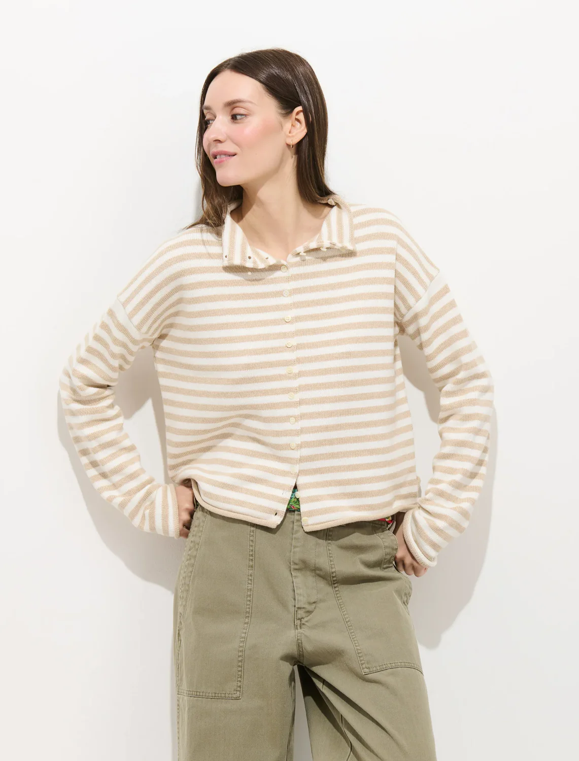 taylor cardigan in sand and ivory stripe - Image 2