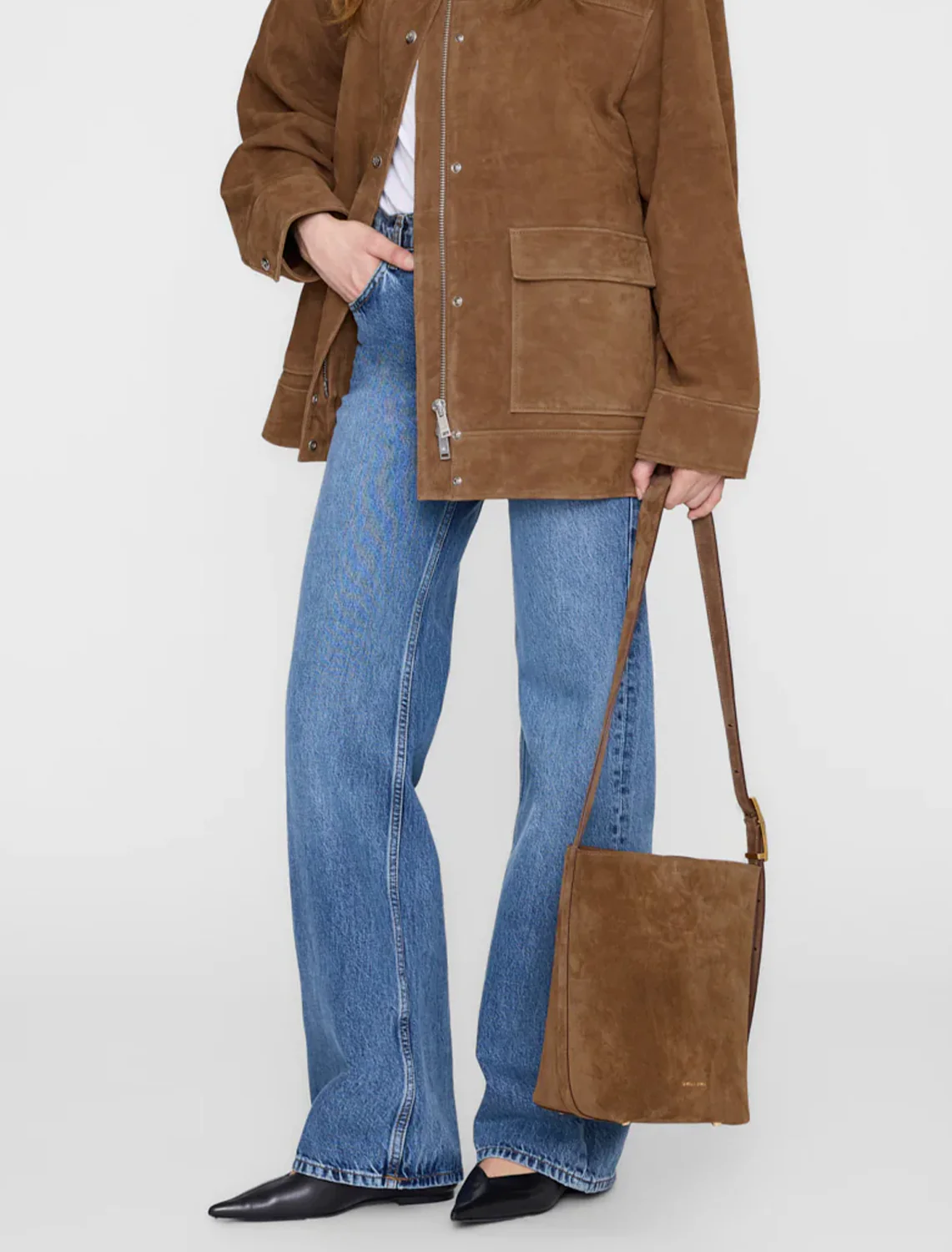 elly medium bucket bag in tobacco suede - Image 2