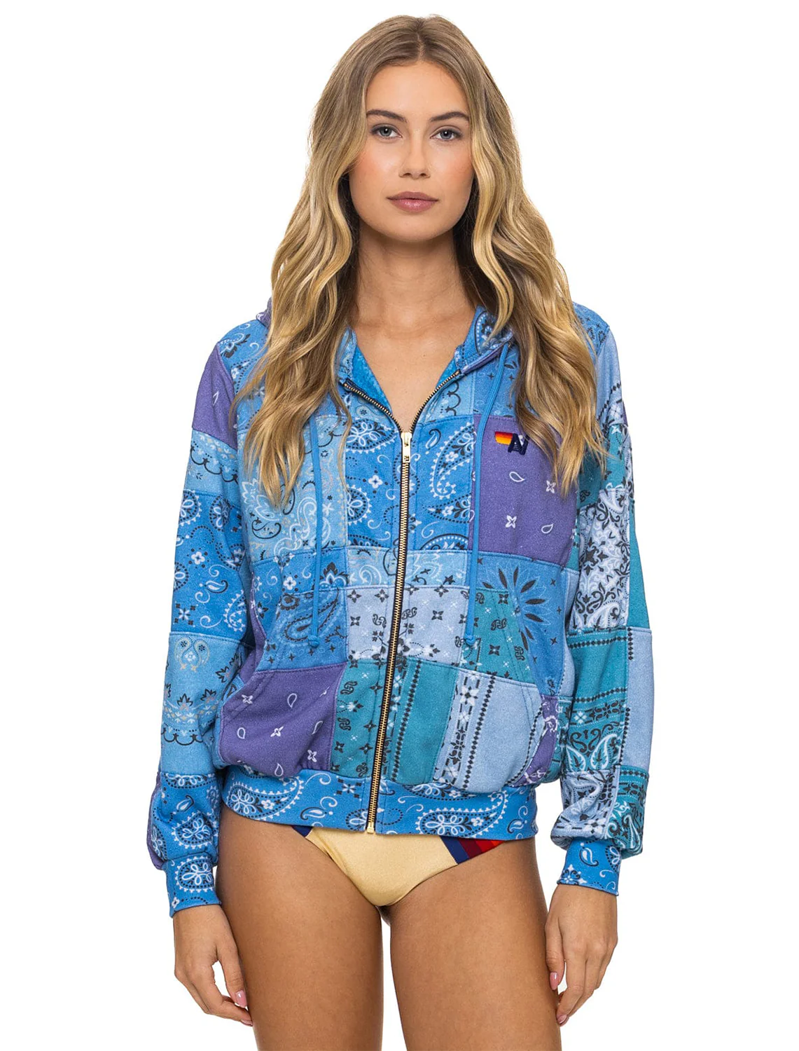 quilted bandana relaxed zip up hoodie in blue - Image 2