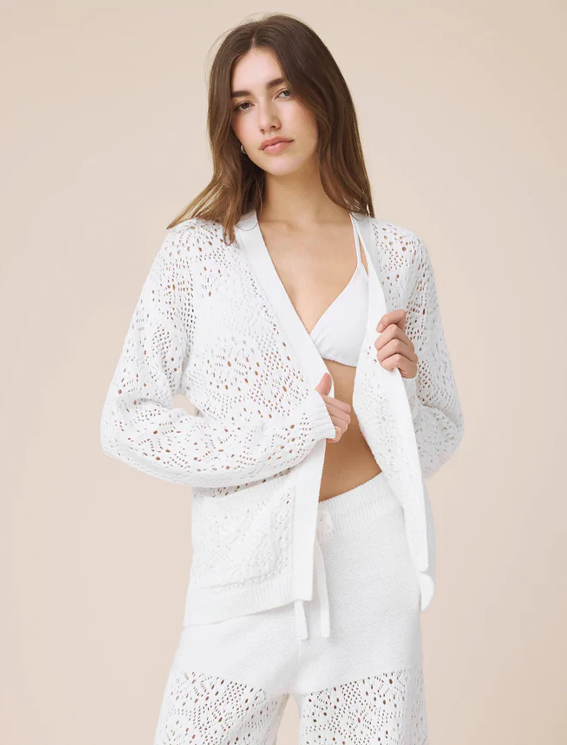 beckham crochet open cardigan in white - Image 2