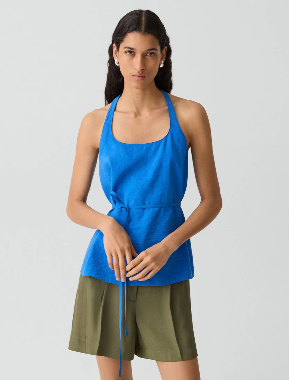 belted halterneck top in jewel blue - Image 2