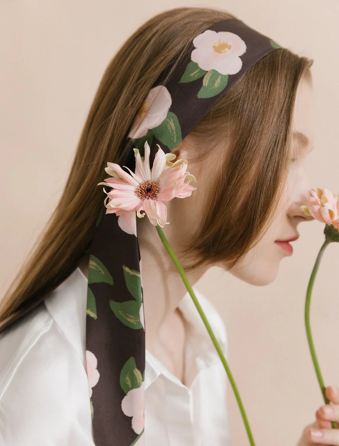 camelia skinny scarf in dark brown floral - Image 2