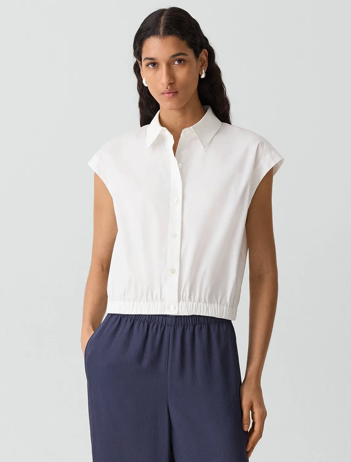 cap sleeve elastic hem shirt in white - Image 2
