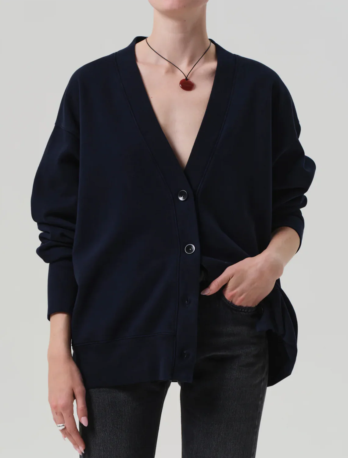 fleece cardigan in navy - Image 2