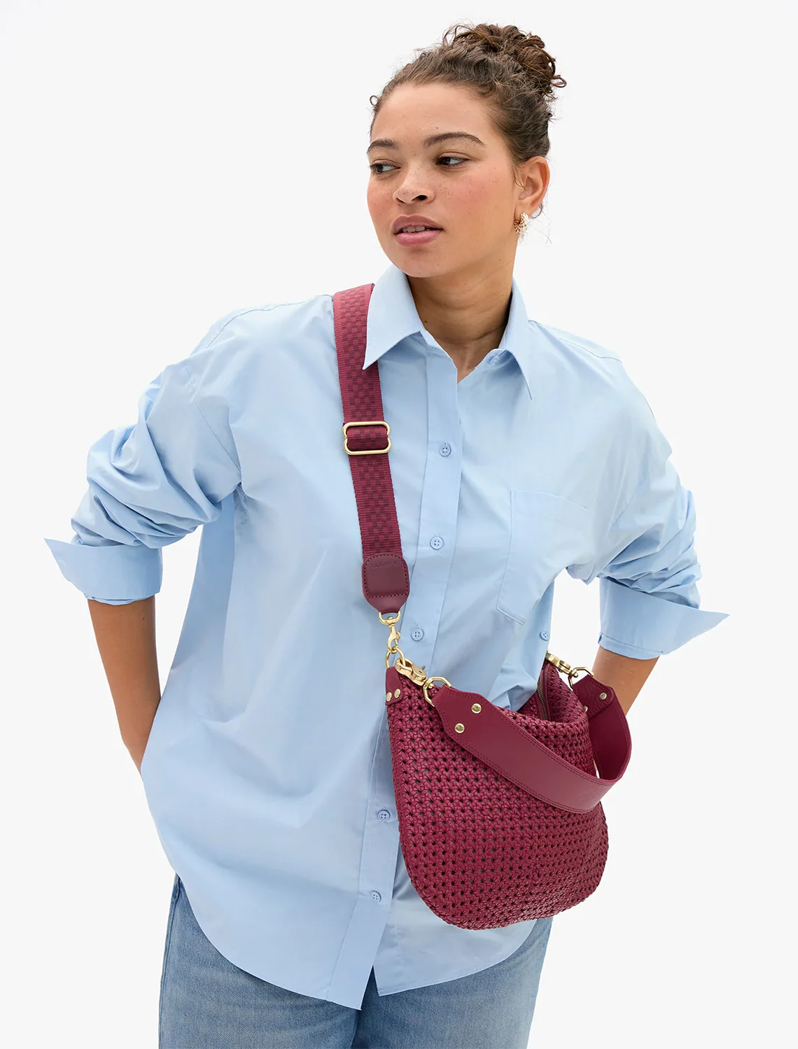 adjustable crossbody strap in plummy checkered - Image 2