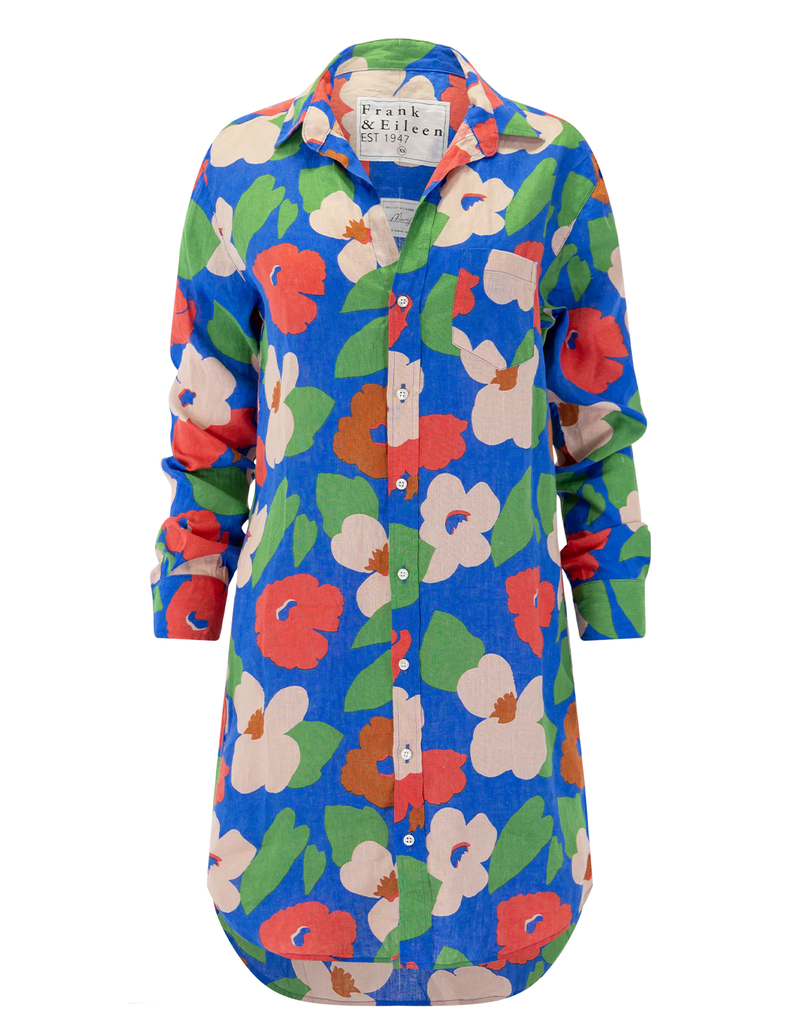 mary dress in bright blue floral