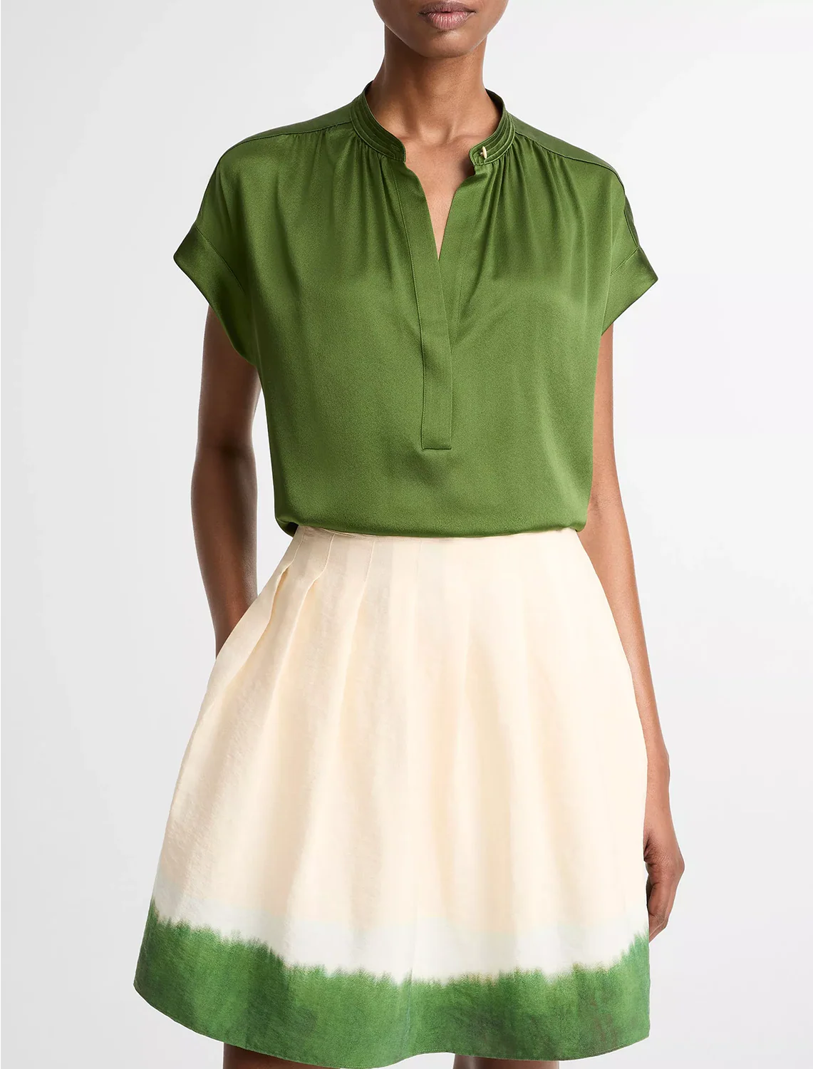 gathered neck cap sleeve blouse in herb - Image 2