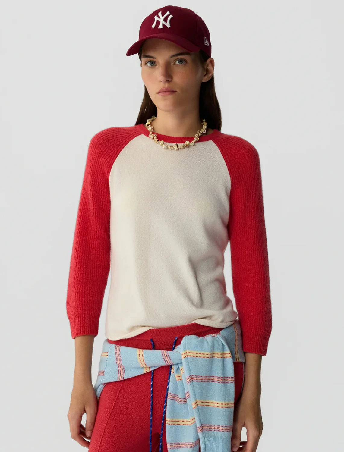 cashmere baseball tee in cream and scarlet - Image 2