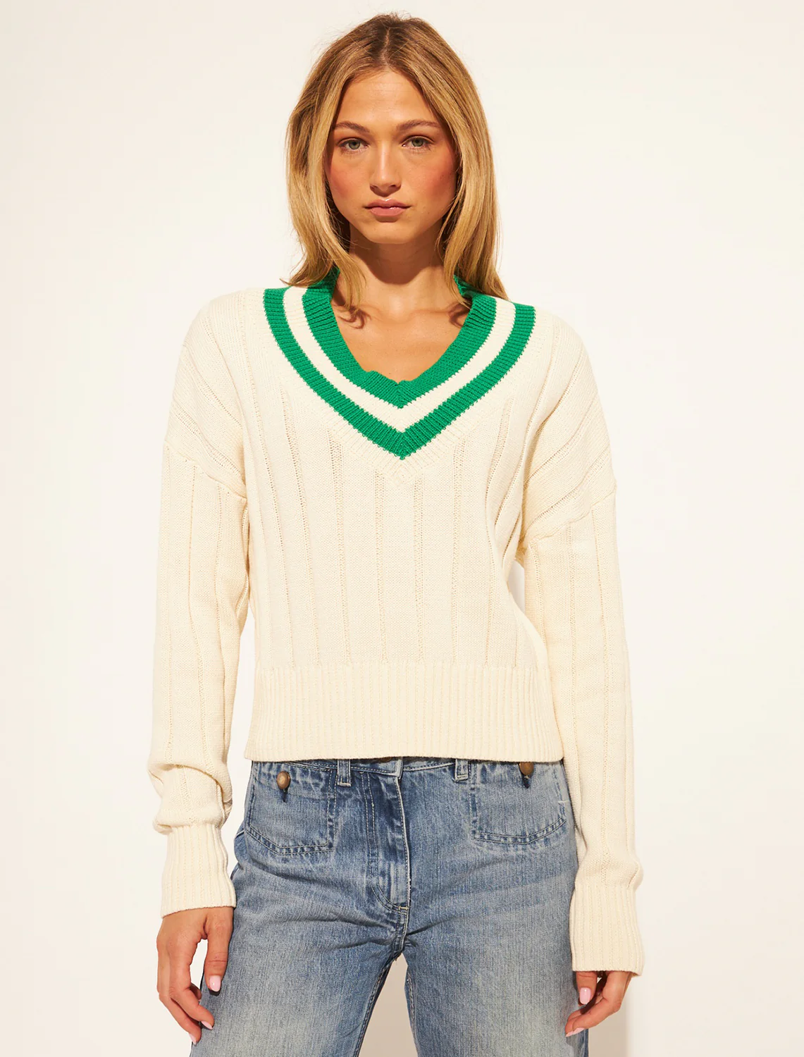 theodore collegiate v neck sweater in clover - Image 2