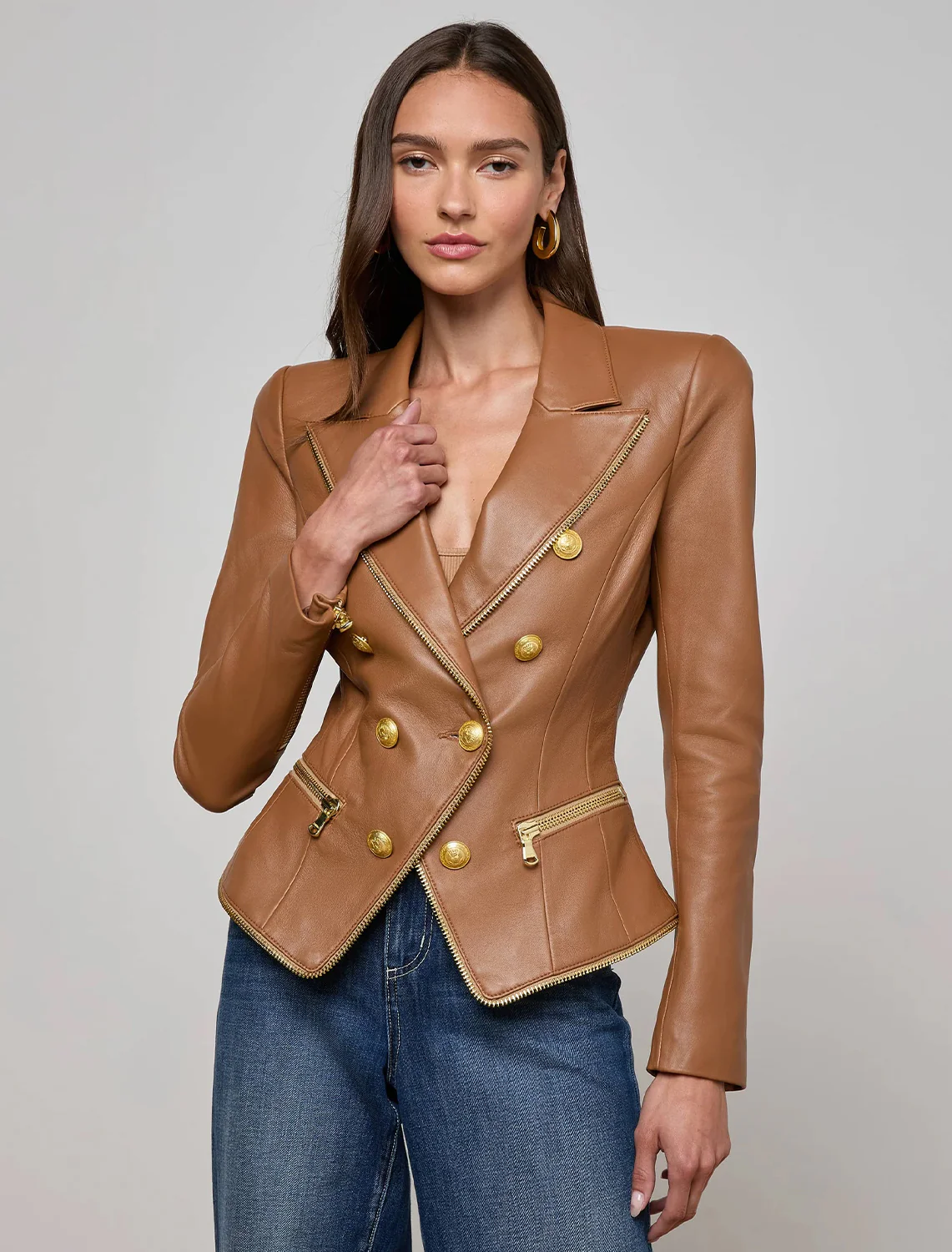ottilie leather blazer in soft cognac - Image 2