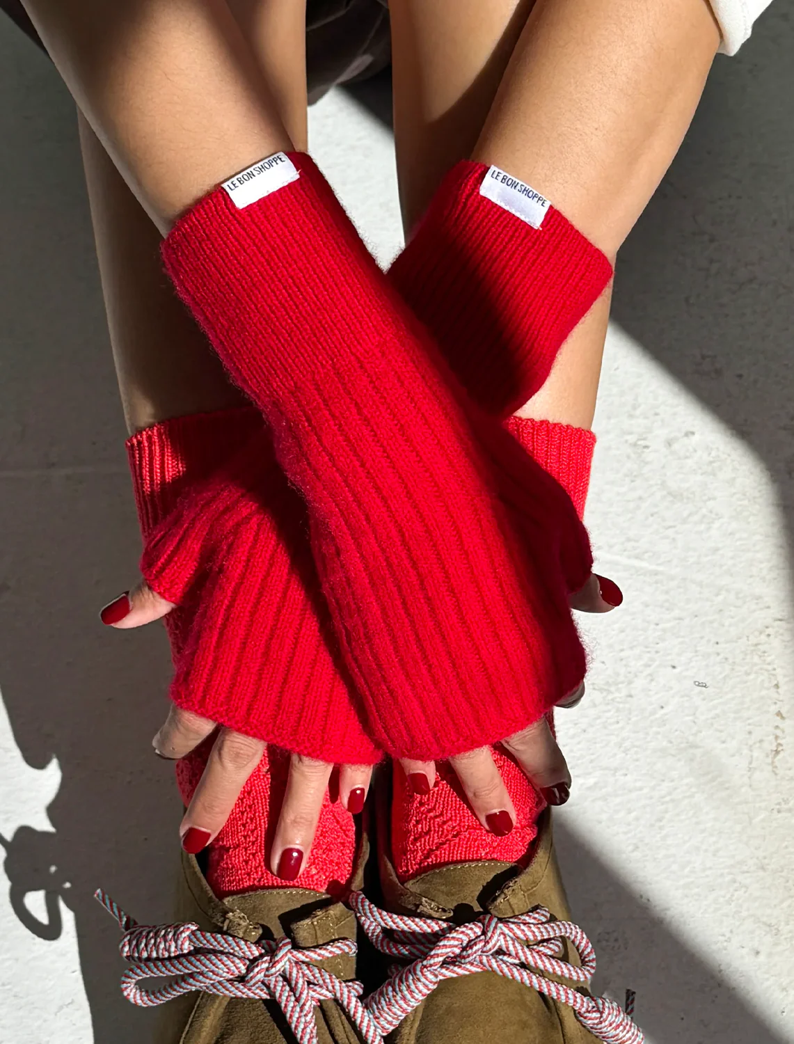 cashmere wrist warmers in cherry red - Image 2