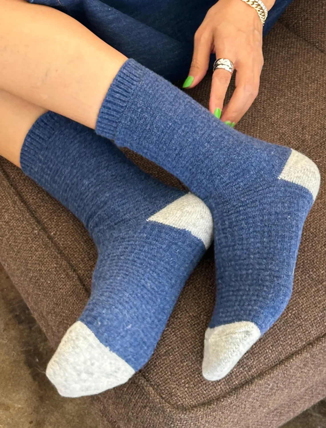 wool waffled socks in denim and stone - Image 2