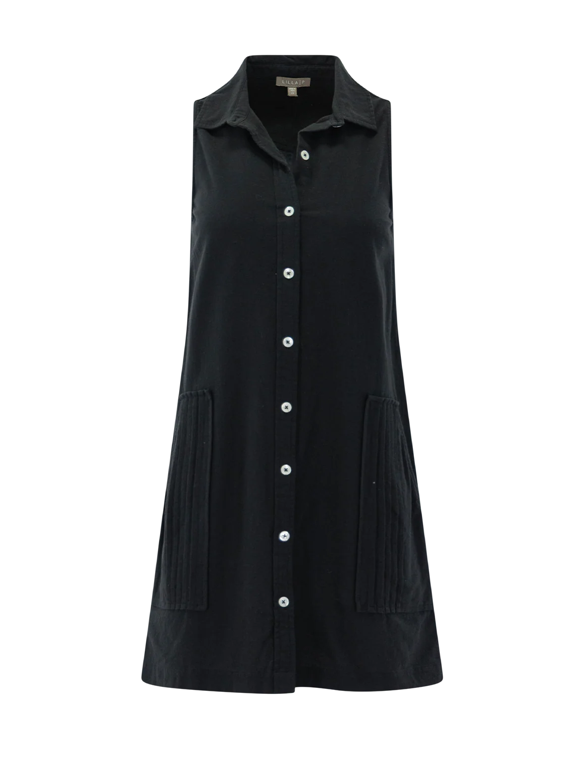 sleeveless pleat pocket dress in black