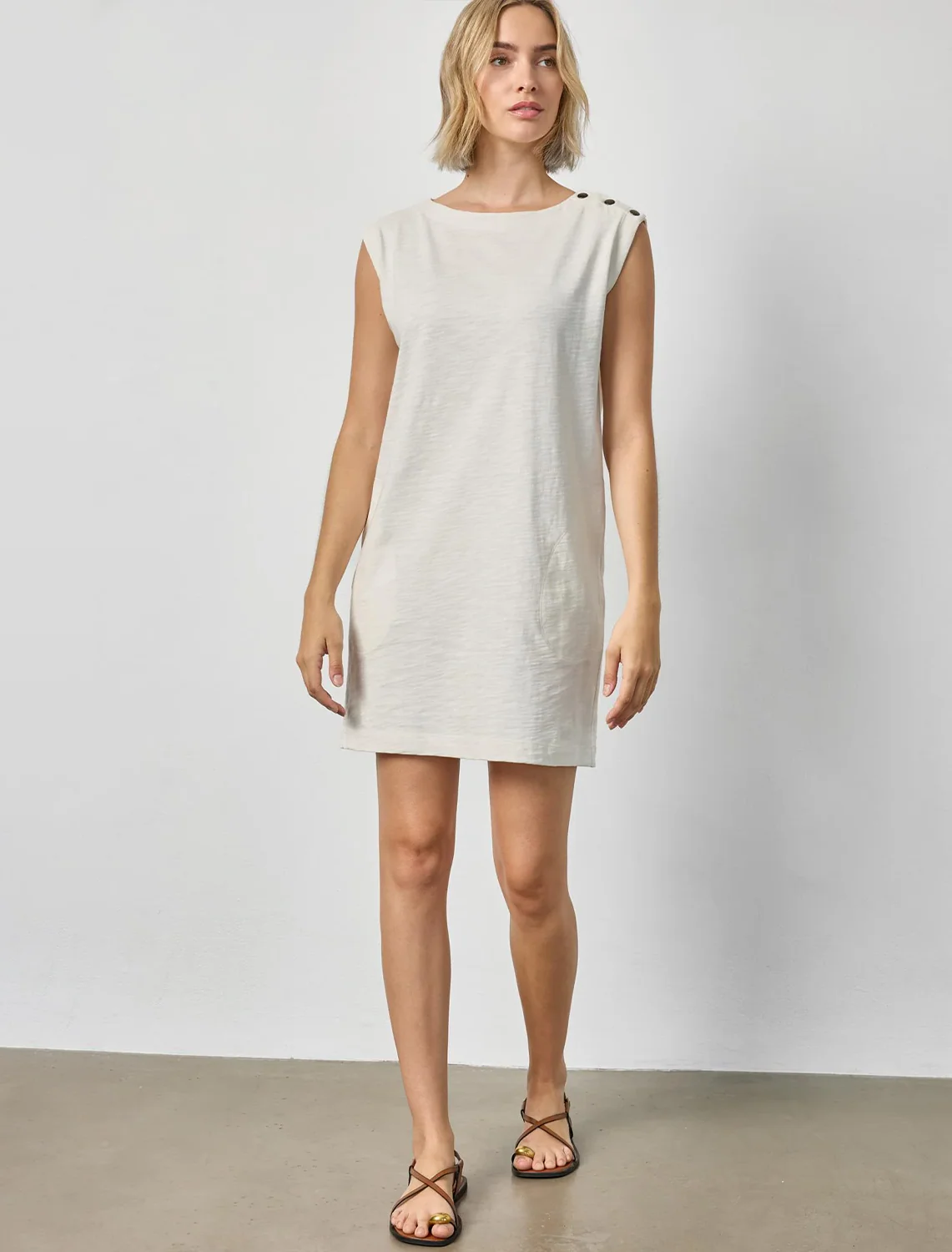 snap shoulder boatneck dress in ecru - Image 2