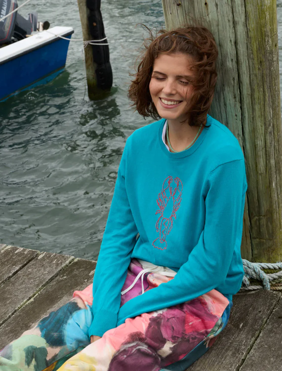 lobster crewneck sweater in teal - Image 2