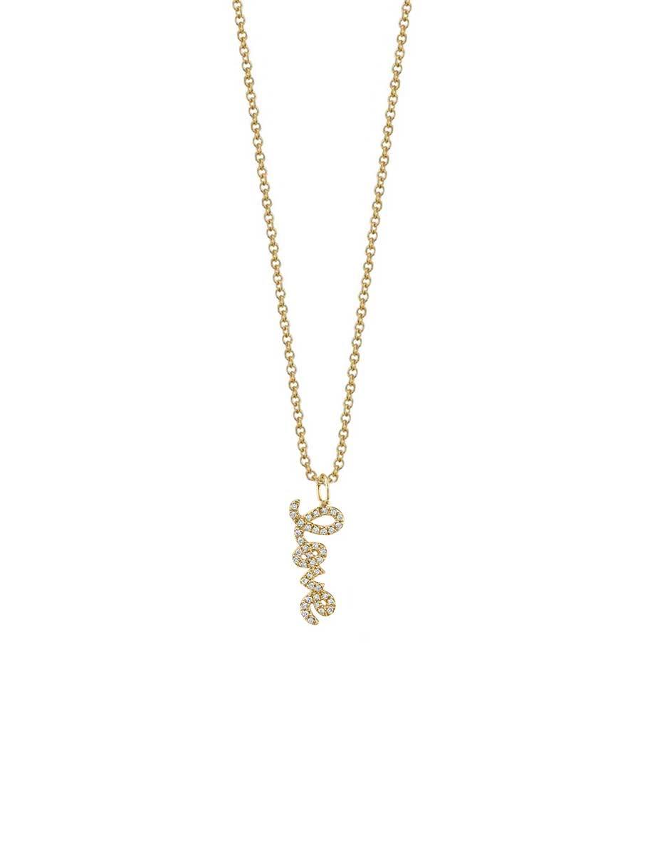 pave love script charm necklace