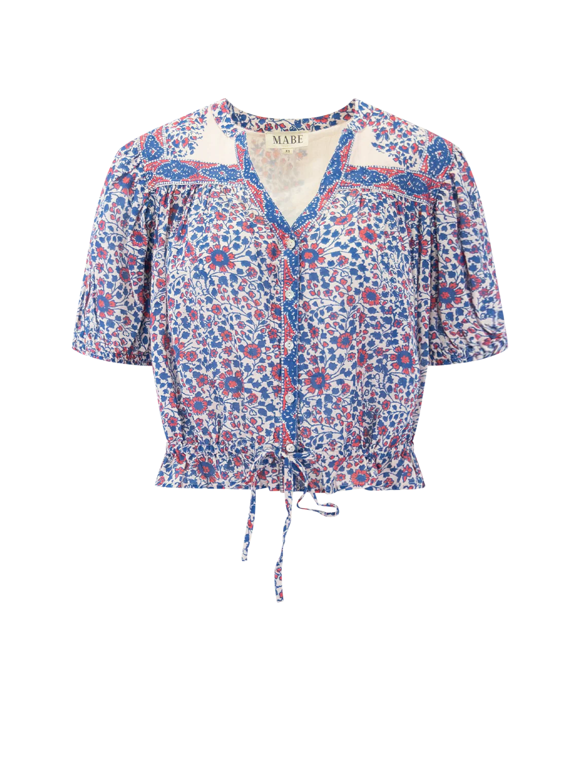 della print short sleeve top in blue and pink floral