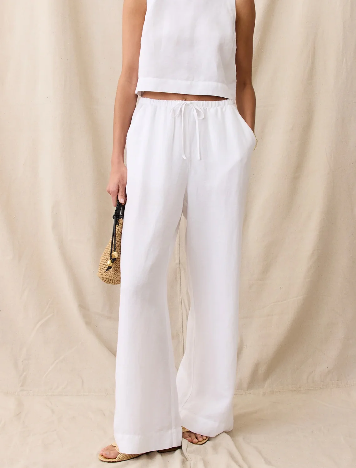 linen drawstring pant in white - Image 2