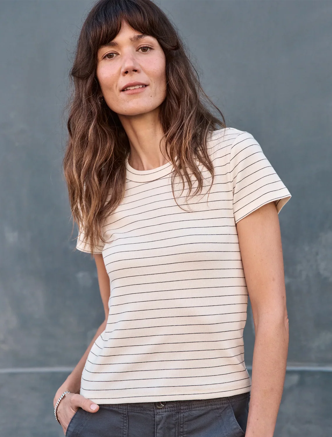 sun in lexi crew tee in black and white micro stripe - Image 2