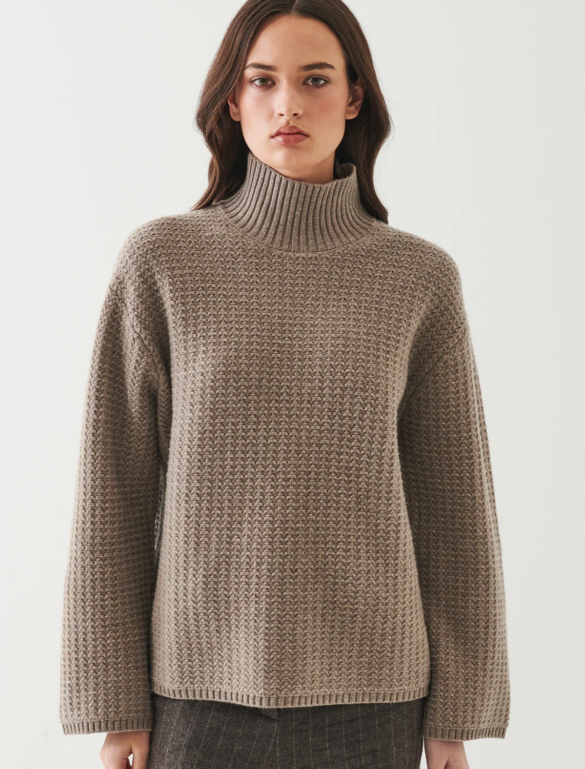 cashmere/wool blend waffle stitch sweater in almond - Image 2