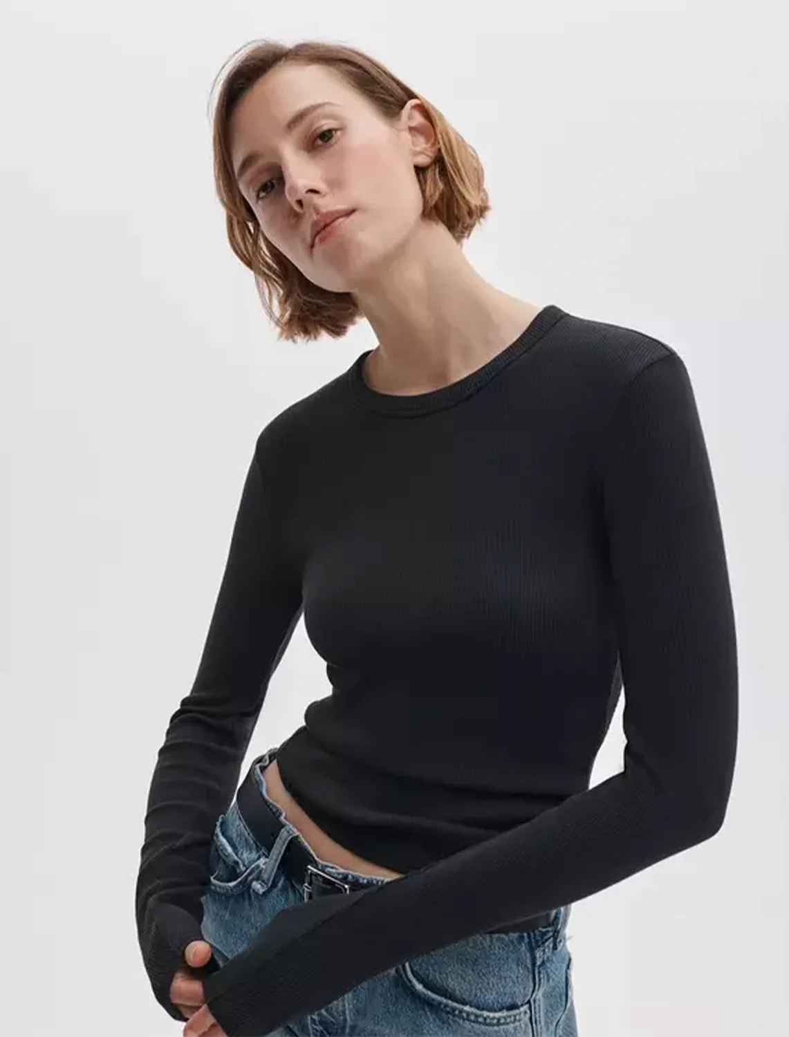 essential rib long sleeve tee in black - Image 2