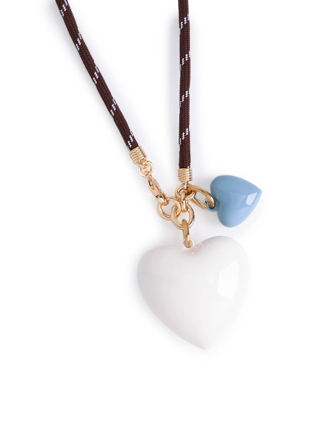 brown long cord necklace with large cream and small cloud hearts - Image 2