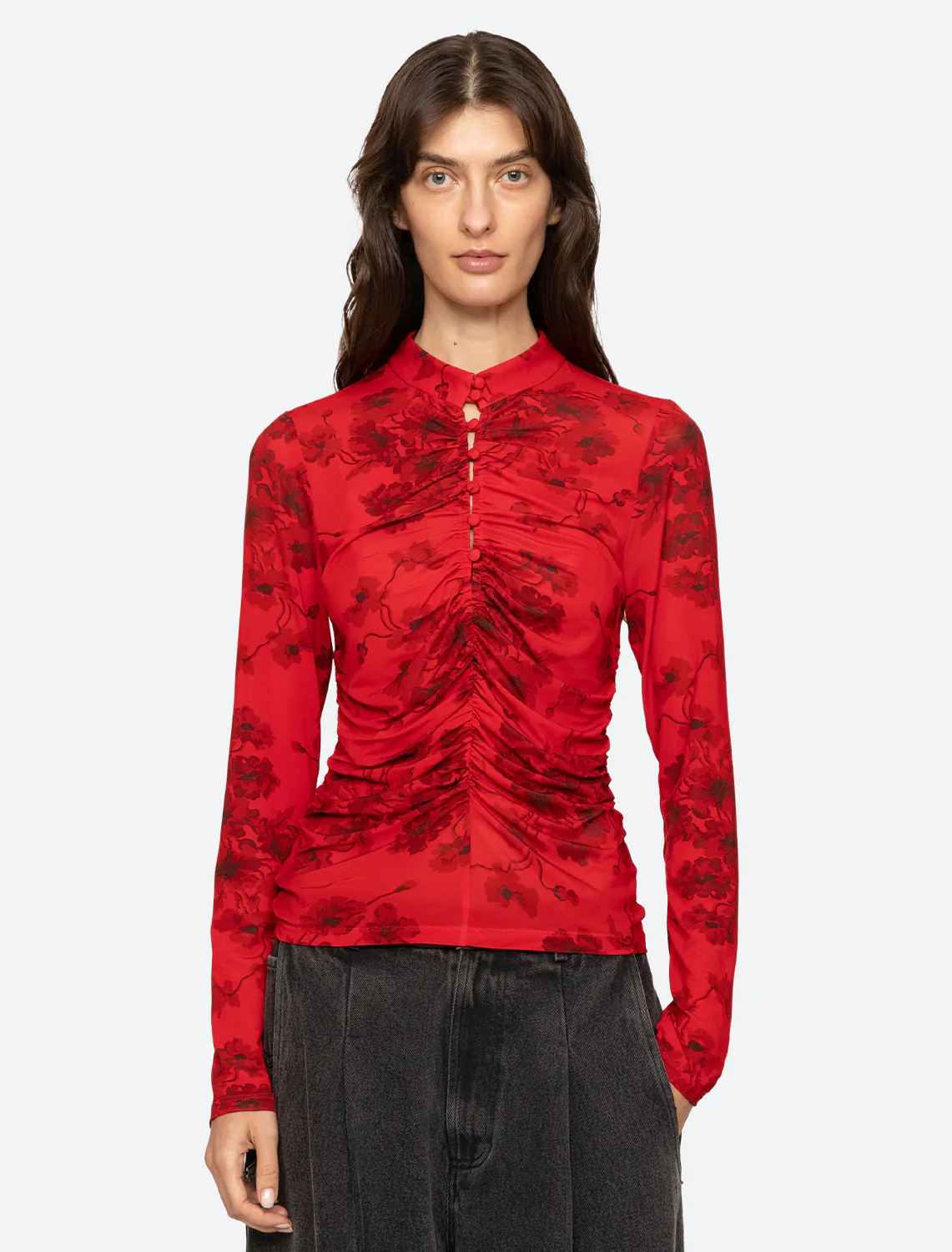 cornelia print long sleeve top in red - Image 2