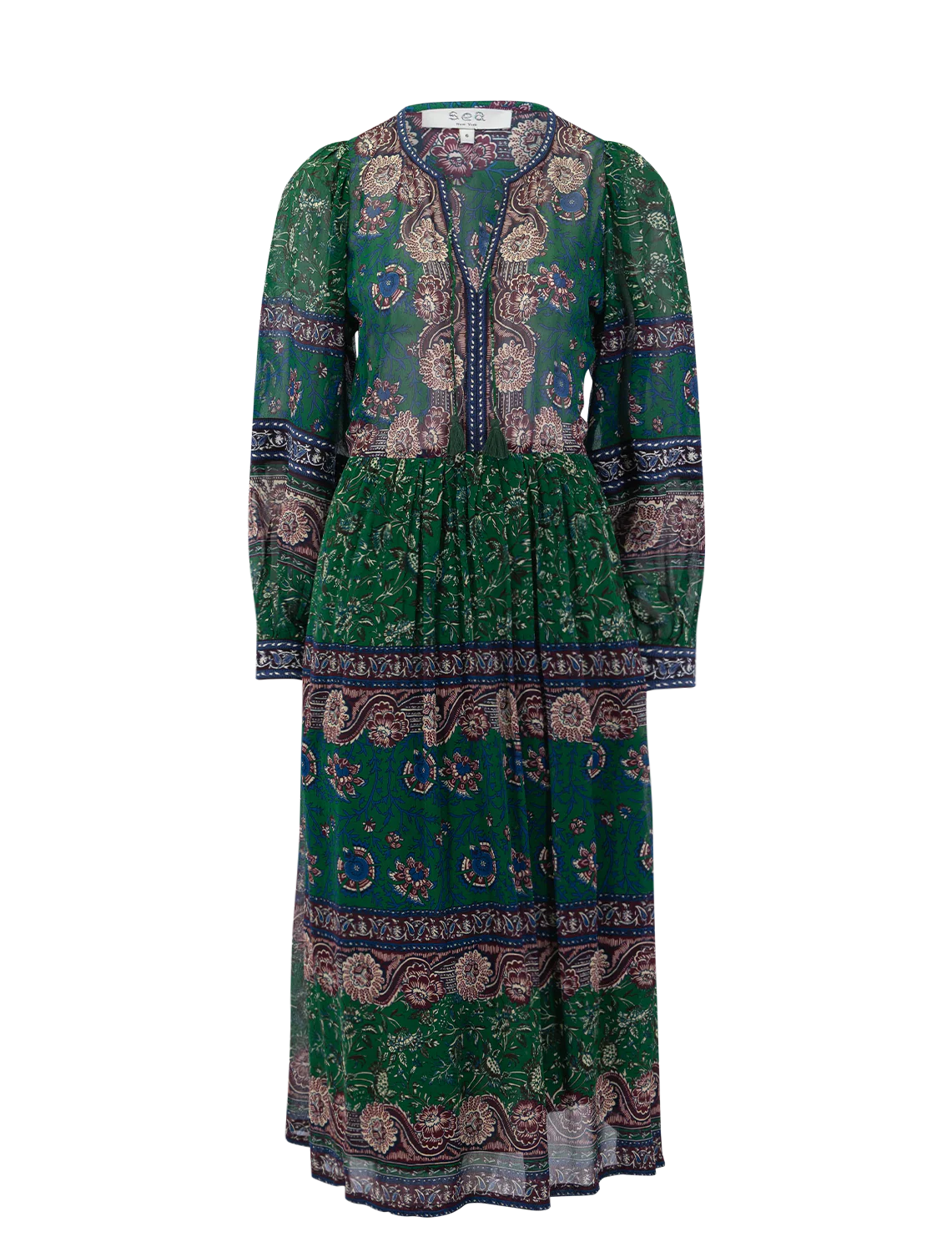 melba print long sleeve midi dress in green