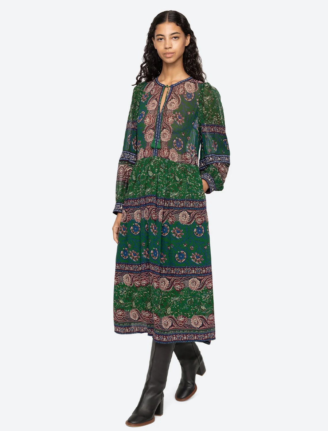 melba print long sleeve midi dress in green - Image 2