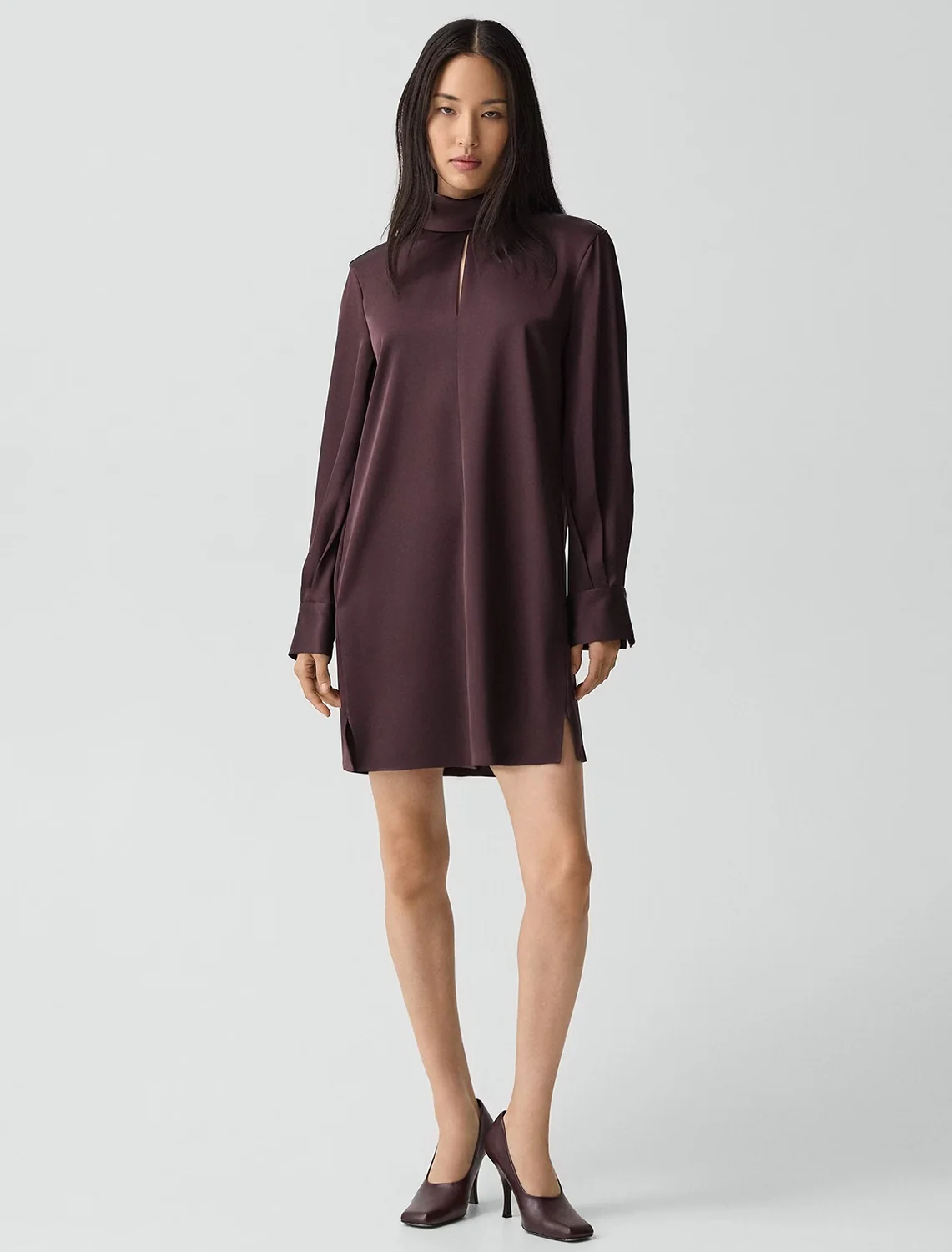 long sleeve blouson dress in deep plum - Image 2