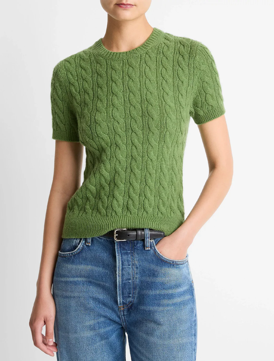 cable-knit cashmere blend sweater tee in clover - Image 2