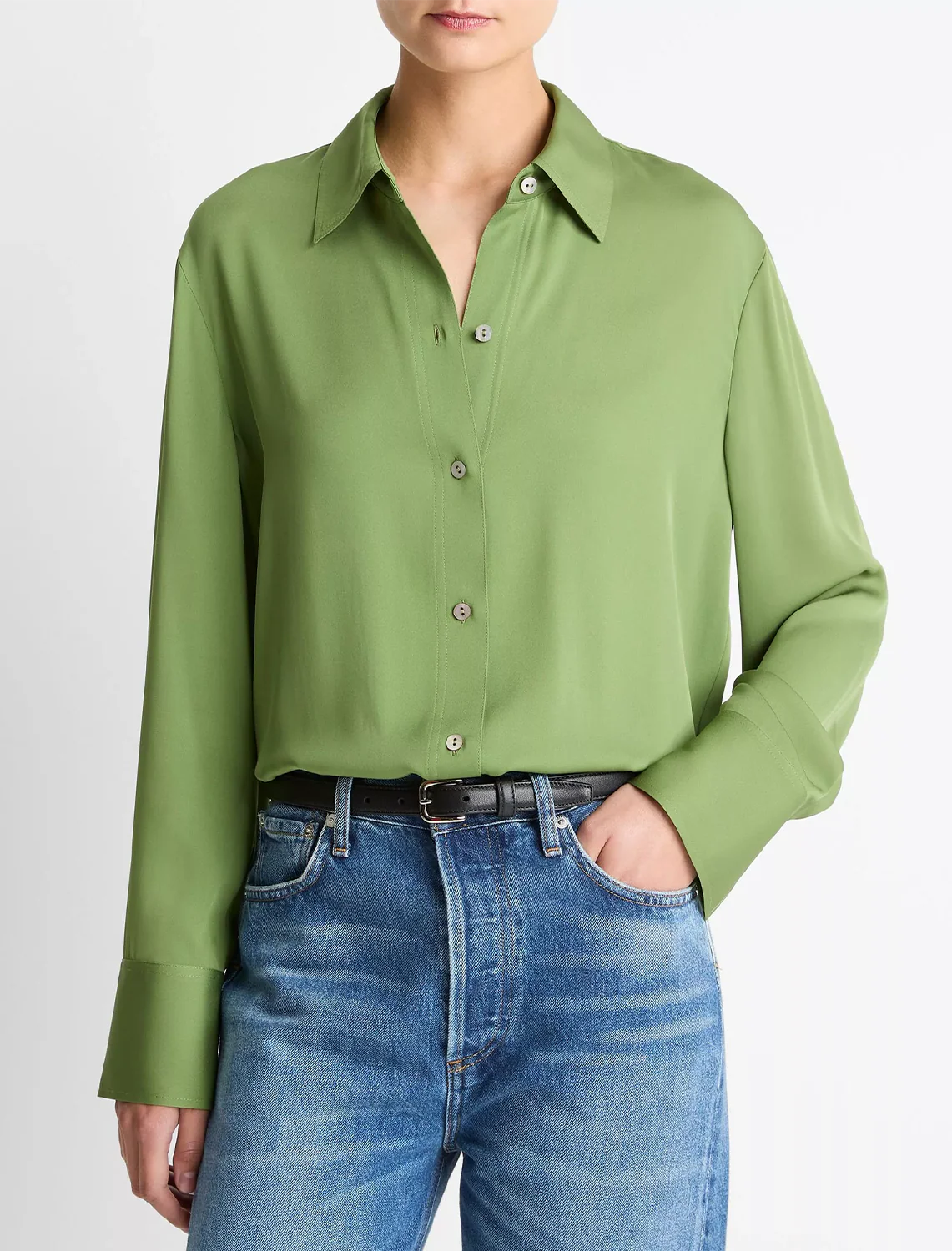stretch-silk button-front blouse in clover - Image 2