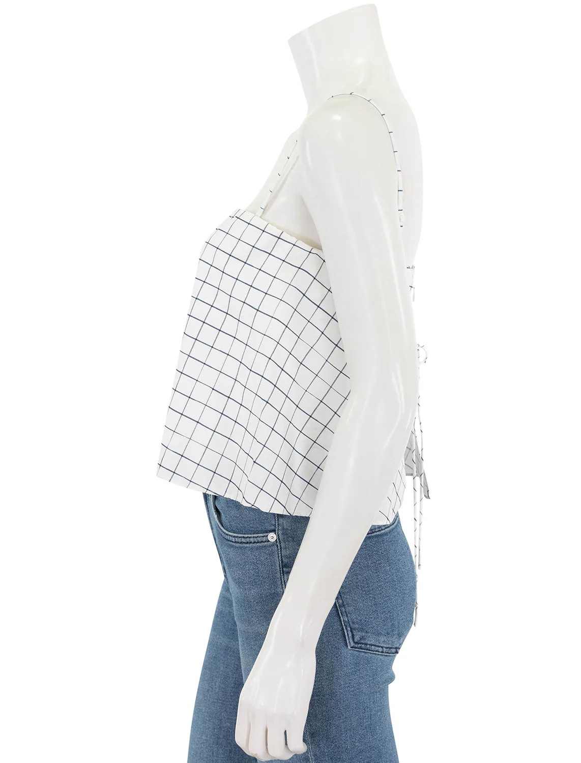 trellis plaid tie back top in off white and navy - Image 4