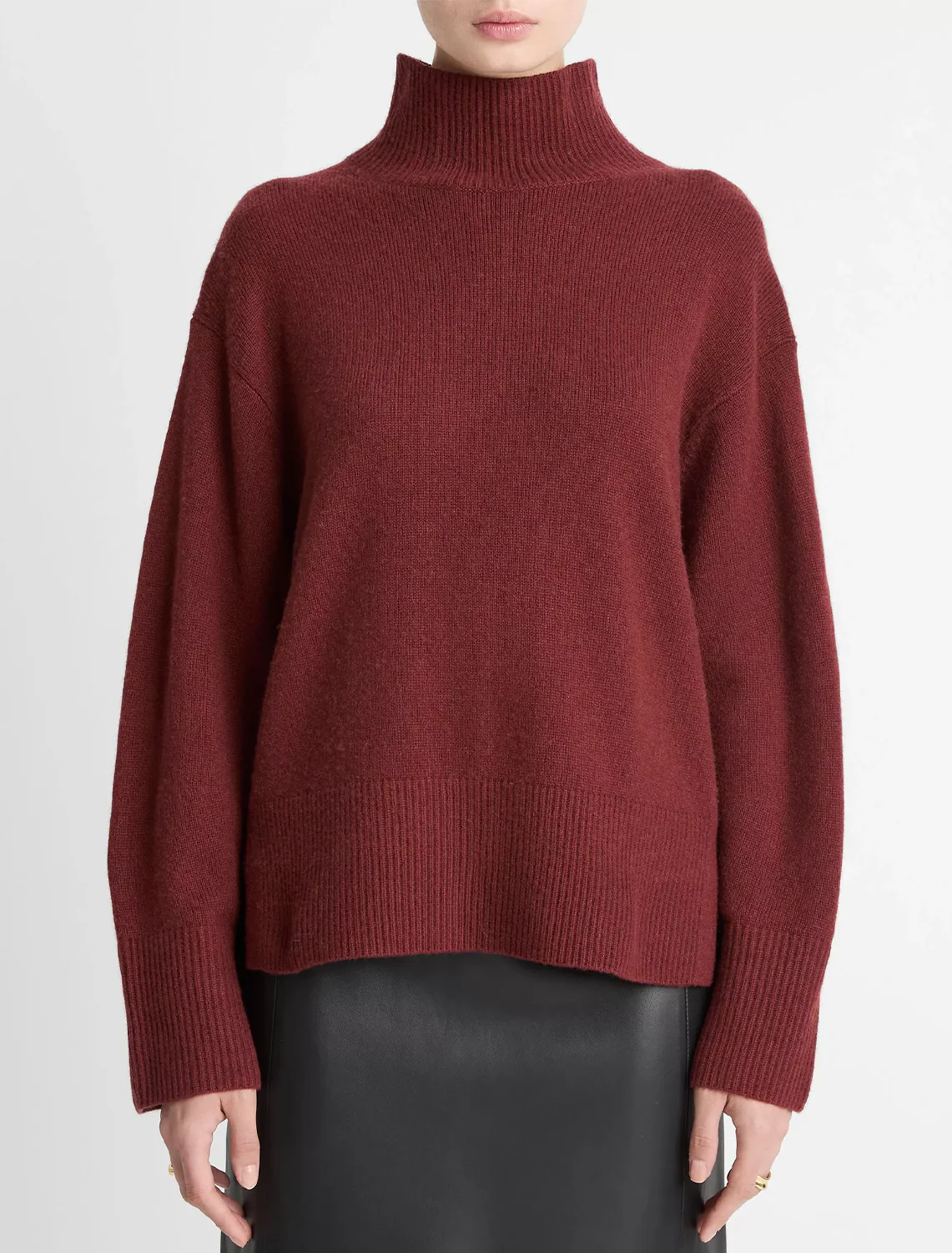 wool-cashmere side slit turtleneck sweater in bordeaux - Image 2