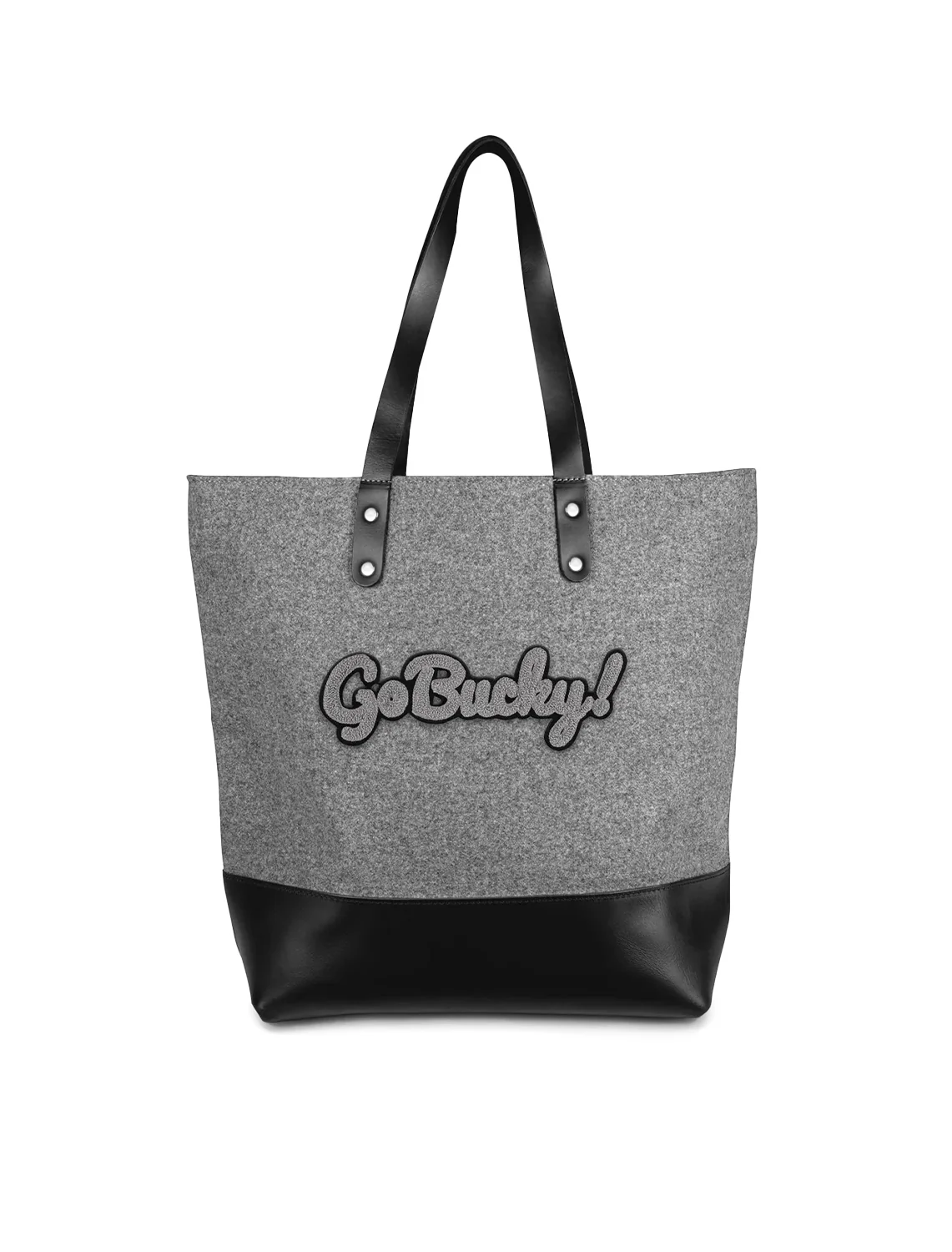 wisconsin grey script "go bucky" tote bag